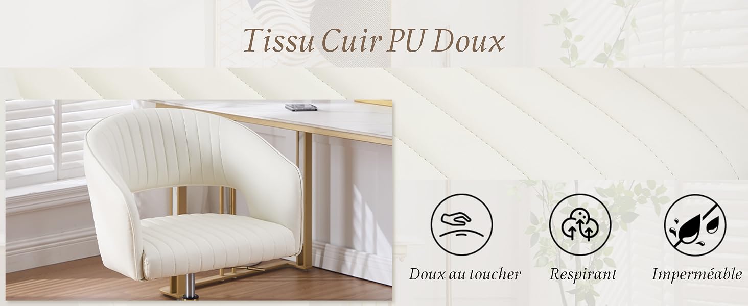 Le texte indique « Tissu/Cuir PU Doux ». Plans rapprochés de produits d'un revêtement ou d'un matériau de couleur claire, avec trois icônes indiquant les caractéristiques du produit.