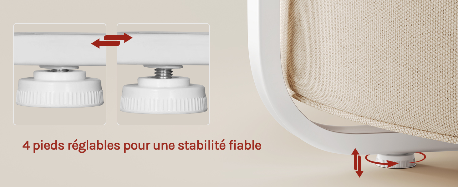Le texte se lit comme suit : « 4 pieds réglables pour une stabilité fiable ». Éléments de pieds réglables blancs avec points de fixation rouges pour la stabilisation du meuble.