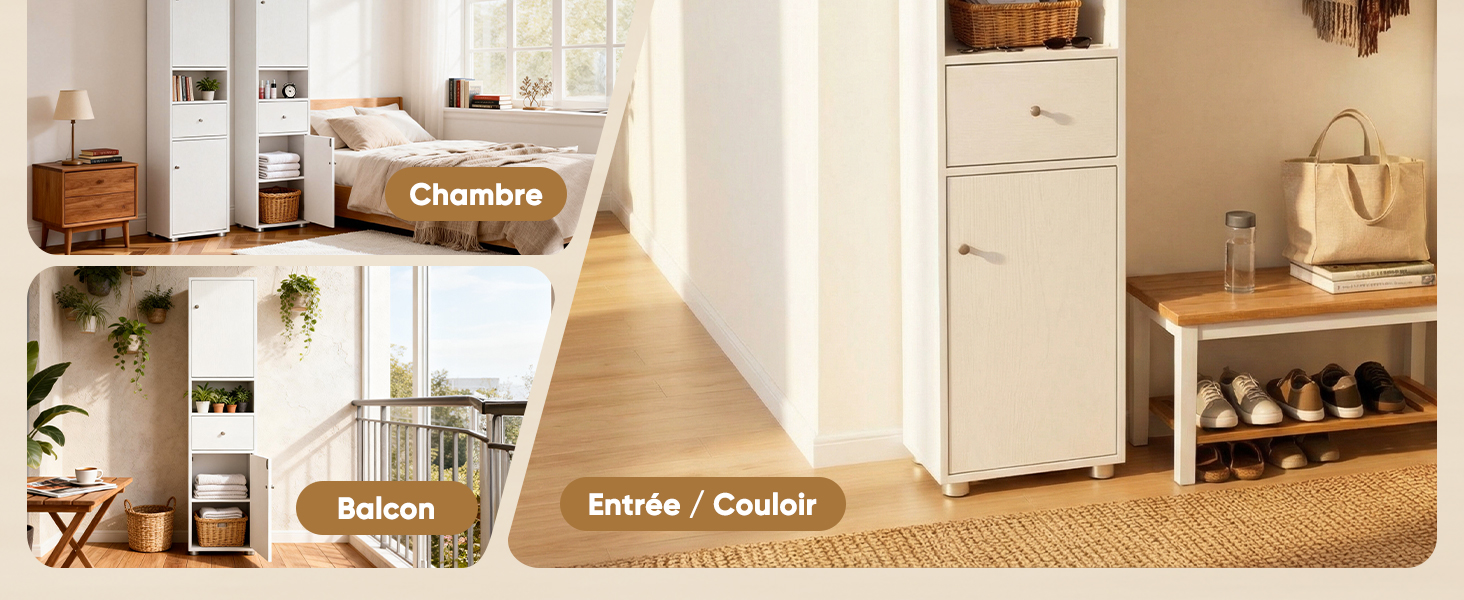 Collage montrant plusieurs vues de tringles à rideaux en bois et de matériel de montage dans différents environnements de pièces, illustrant des scénarios d'installation et d'utilisation.