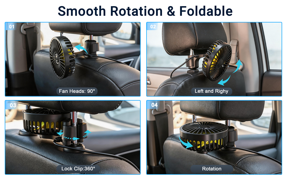 Le texte indique « Rotation fluide et pliable ». Angles multiples d'un appui-tête ou d'un accessoire de siège de voiture réglable, indiquant différentes positions et capacités de rotation.