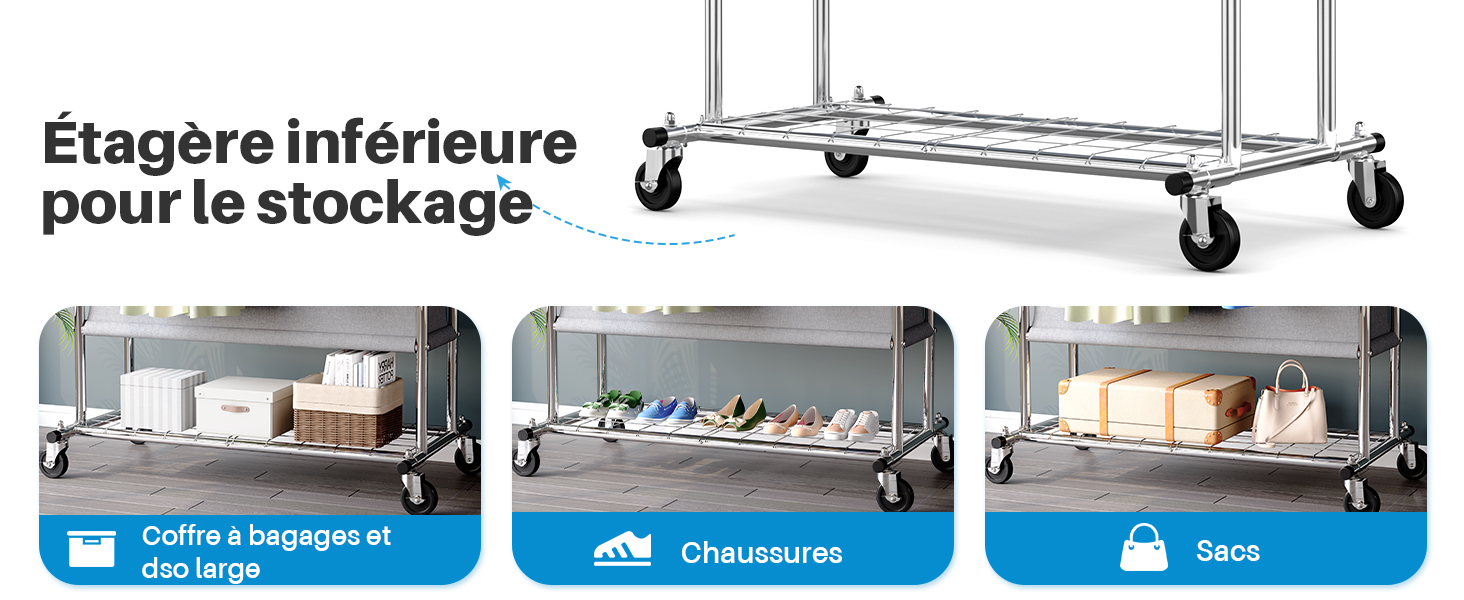 Le texte indique « Etagère métallique pour le stockage ». Trois images d'étagères de rangement industrielles en métal sur roulettes présentées dans différentes configurations.