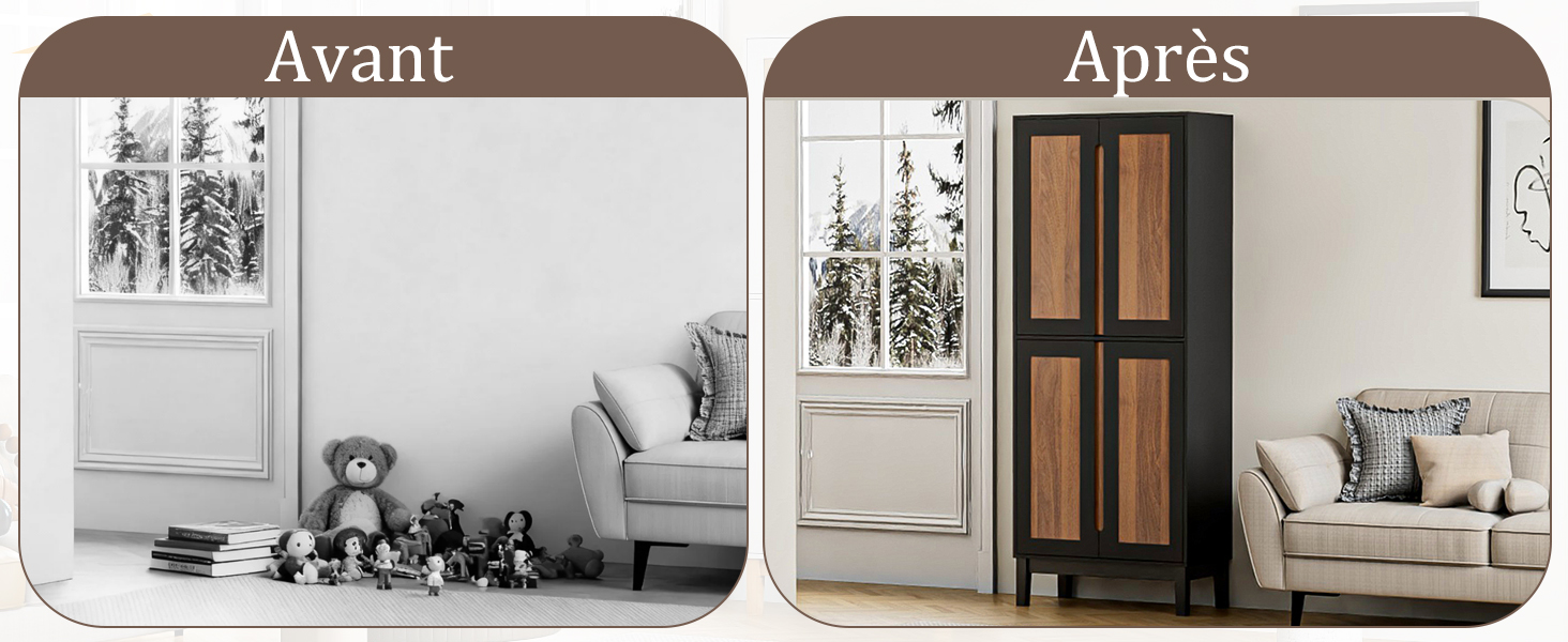Le texte se lit comme suit : « Avant » et « Après ». Images comparatives avant et après d'espaces intérieurs montrant des transformations de pièces avec des modifications du mobilier et de la décoration.