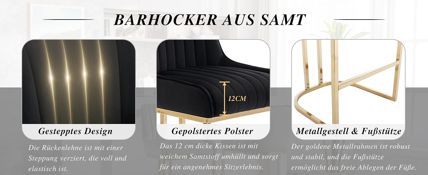 Zusammengesetztes Bild, das drei Merkmale eines Barhockers zeigt: leuchtende vertikale Linien, einen schwarzen gepolsterten Plüschsitz und einen goldfarbenen Metallrahmen