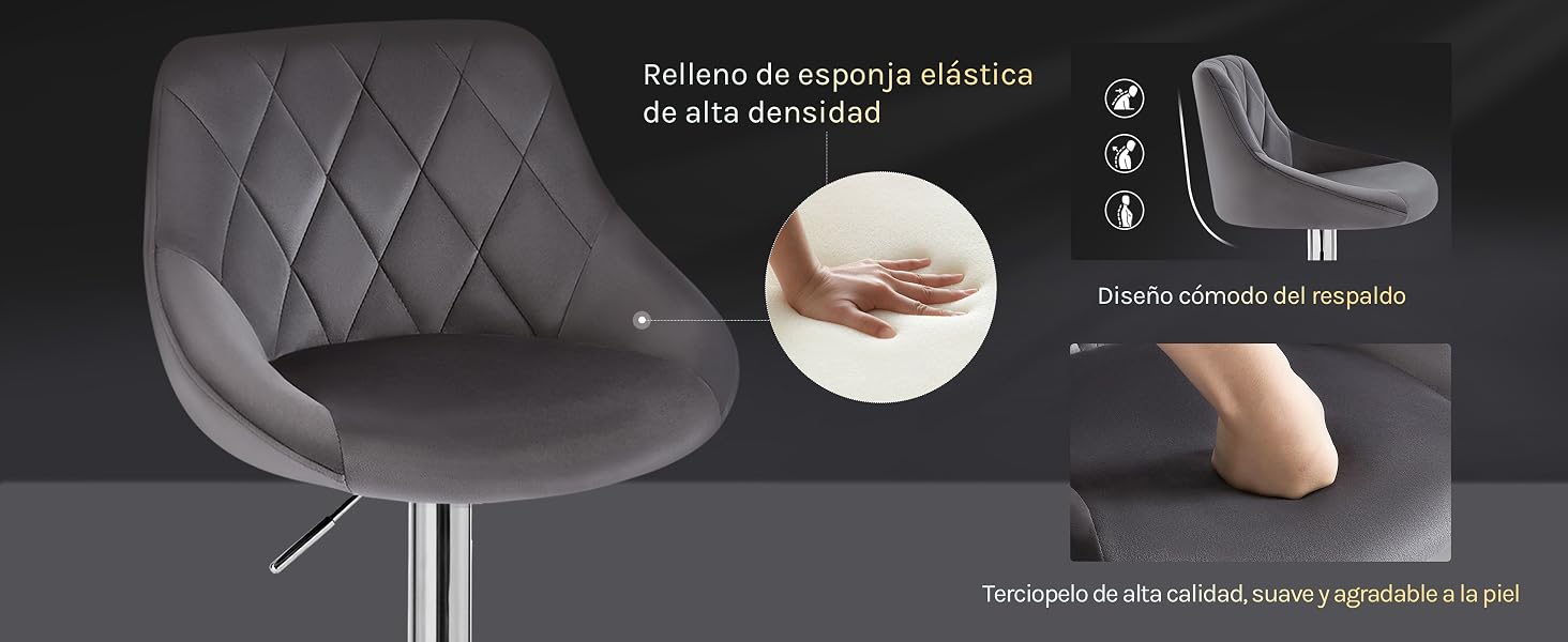 con acolchado de espuma elástica de alta densidad. Cuenta con altura ajustable y giro de 360 grados. Asientos cómodos con cojín de espuma viscoelástica para