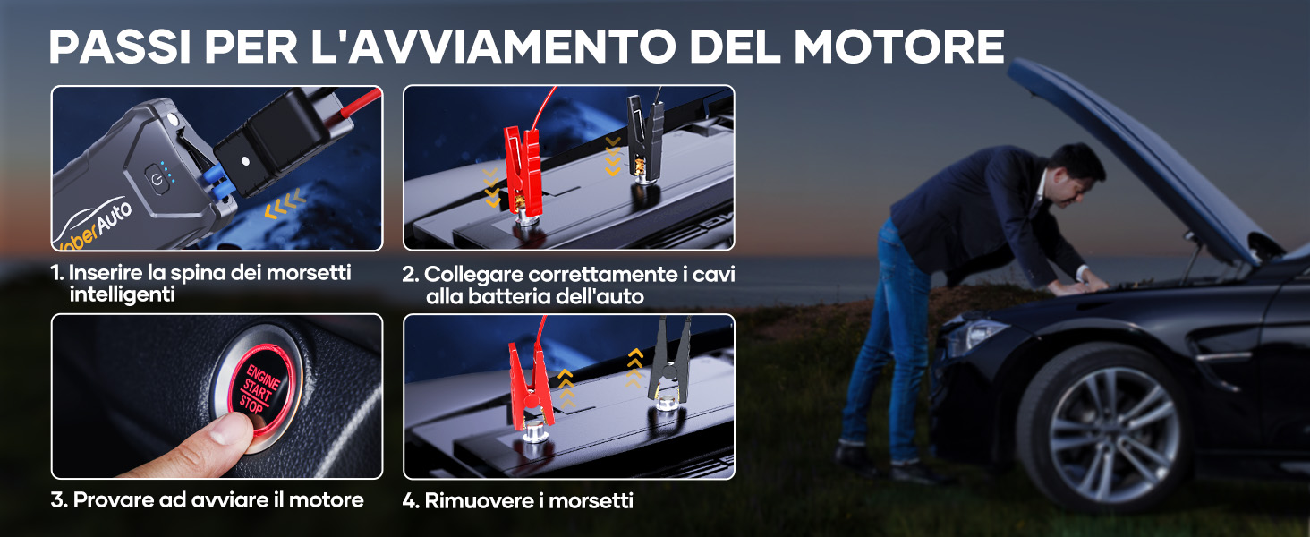 Avviatore Auto YABER YR200 2000A Per Motori Benzina Fino A 6L E Diesel 5L, Power Bank 12000mAh, Torcia LED, Resistente IP66, Con Cavo Intelligente