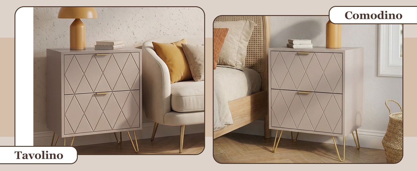 Il testo recita «Levalino», «Comedino». Due mobili mostrati: comodino/tavolino imbottito beige a sinistra, mobile contenitore bianco a destra. Confronto dei prodotti che mostra due stili di arredamento per camere da letto.