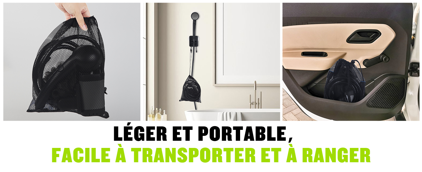 Sac de rangement en filet noir présenté dans trois contextes : tenu à la main, accroché au mur et rangé dans le compartiment de la voiture. Le texte indique la fonction de stockage portable.