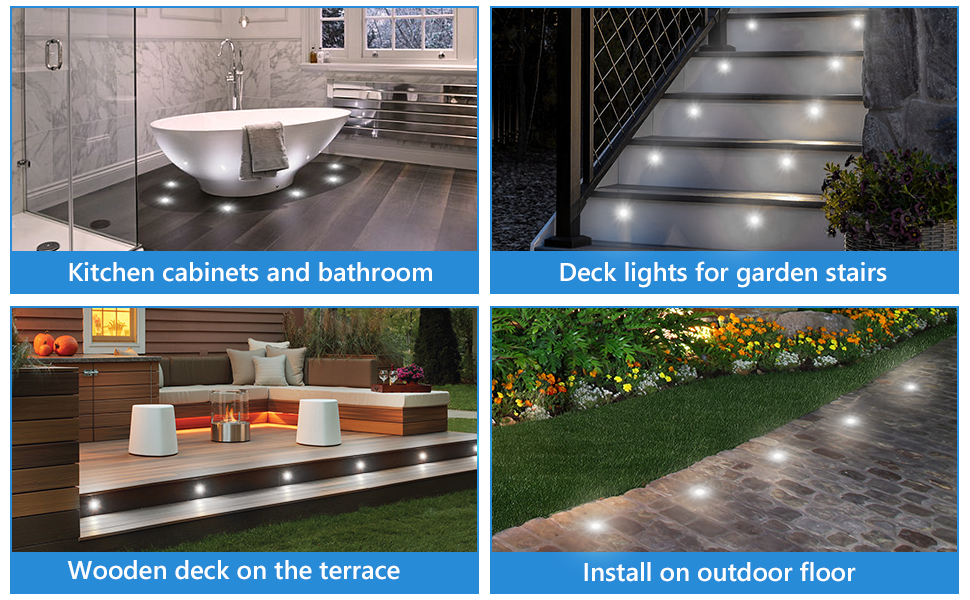 d'applications d'éclairage LED : armoires de cuisine illuminées, salle de bain, escaliers de jardin, terrasse en bois et revêtements de sol extérieurs. Présente des solutions d'éclairage polyvalentes pour différents espaces.