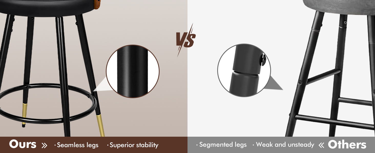 Text reads 'Ours Seamless legs Superior stability' vs 'Others'. Comparative diagram showing furniture leg construction types with detailed cross-sections.