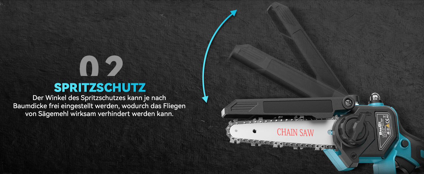 Technisches Diagramm, das die Spritzschutzfunktion mit der Bezeichnung „SPRITZSCHUTZ 02“ mit blauem Richtungspfeil und Abbildung der mechanischen Komponenten zeigt