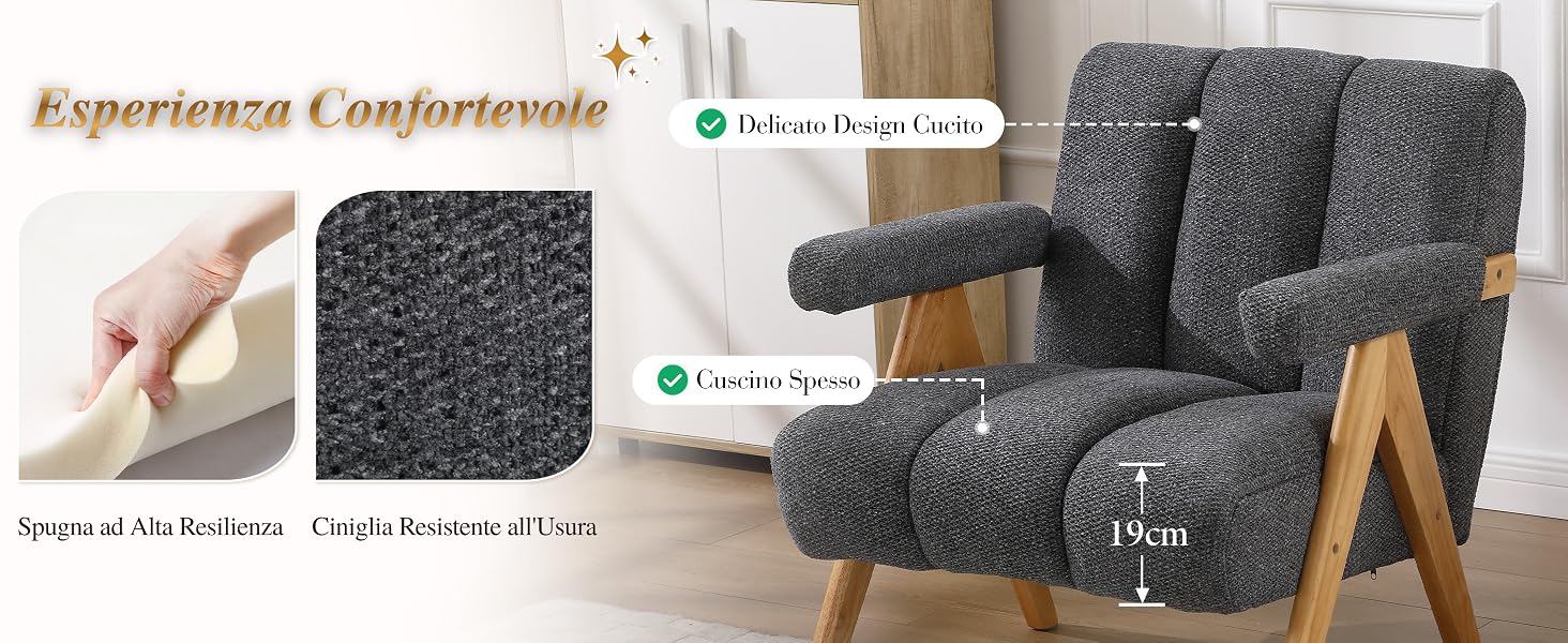 Il testo recita «Experientia Confortevole». Viste multiple di un divano moderno grigio scuro con gambe in legno, che mostra varie angolazioni e dettagli della trama del tessuto.