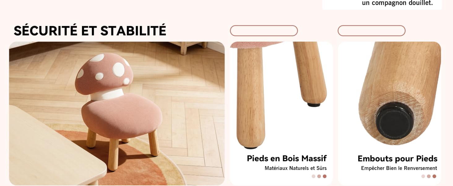 Le texte se lit comme suit : « SÉCURITÉ ET STABILITÉ ». Images rapprochées de pieds ou de supports de meubles en bois avec des spécifications techniques.