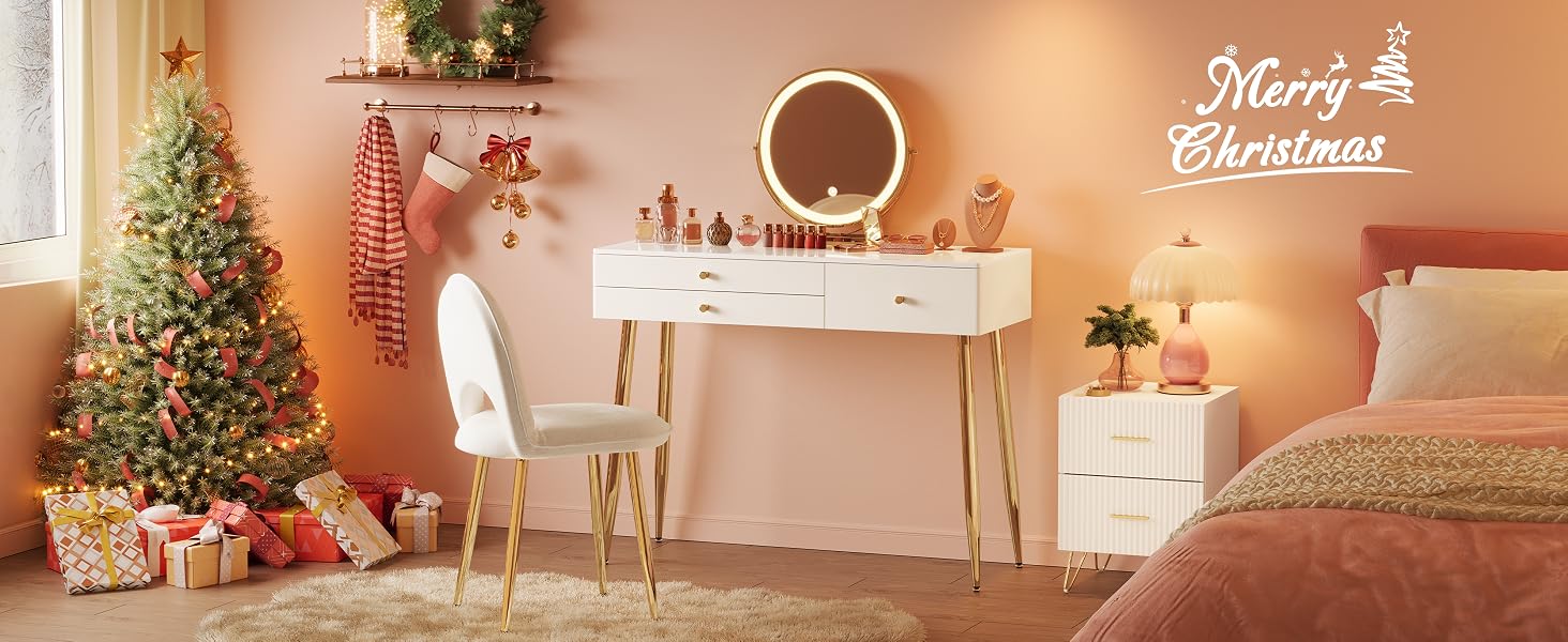 a dressing table with a mirror and a mirror