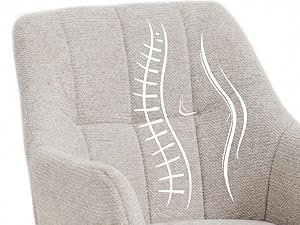 Dossier de chaise rembourré beige avec colonne vertébrale anatomique brodée en blanc et détails de conception de lignes incurvées sur le tissu.