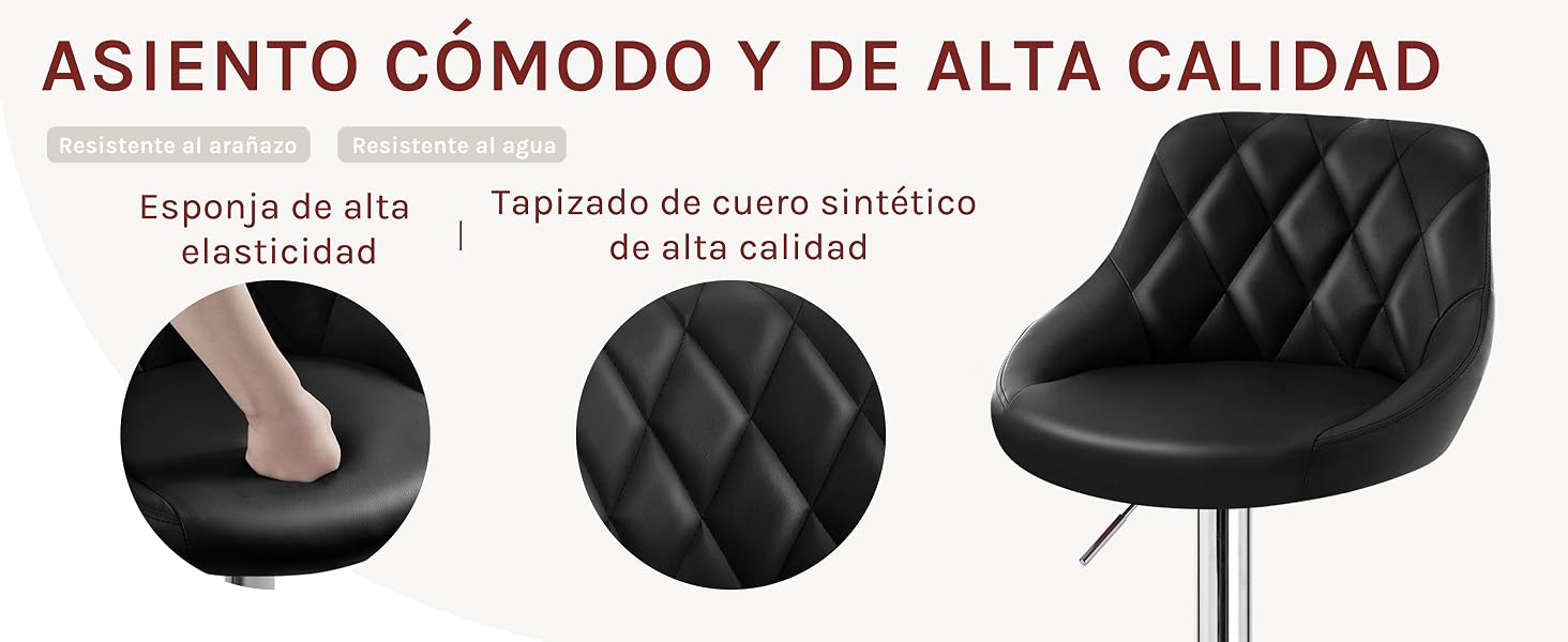 Cómodo taburete de bar negro con asiento acolchado de piel sintética. Las características incluyen un acolchado de espuma de alta elasticidad y una tapicería de alta calidad, como se muestra en tres vistas detalladas