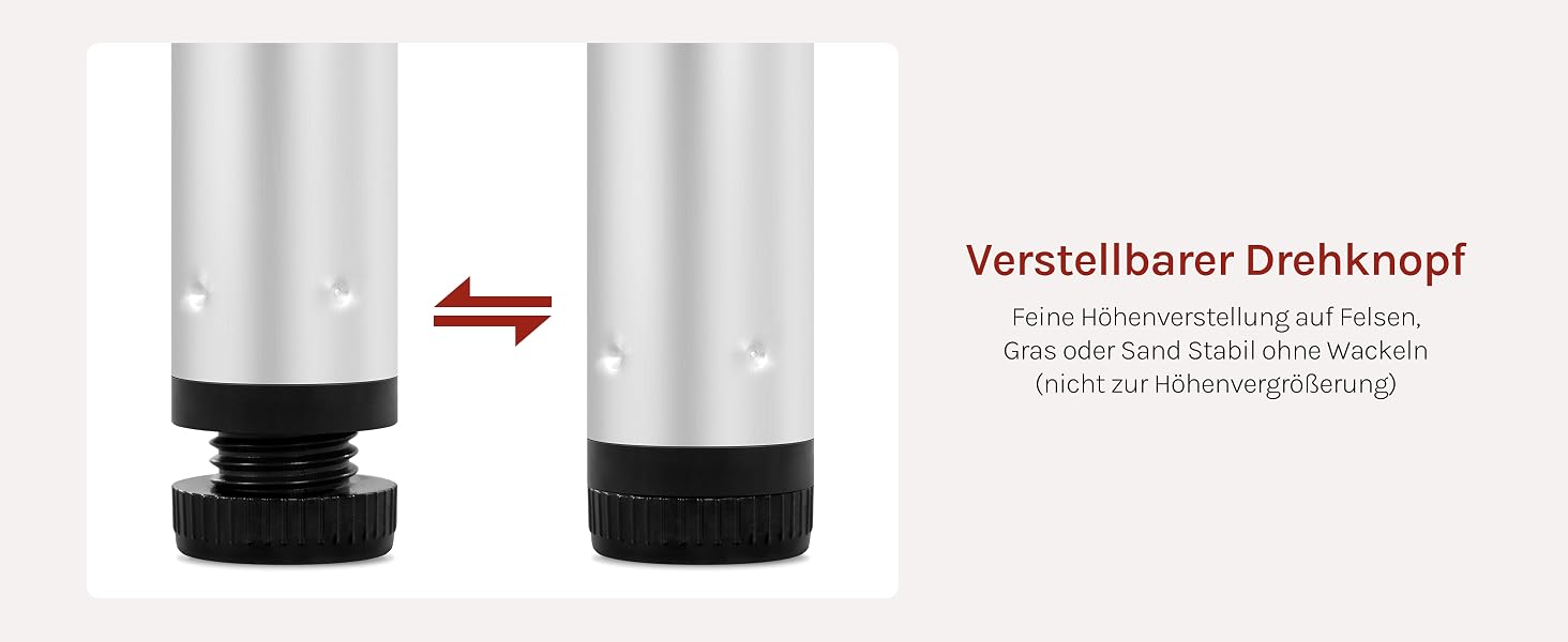 Der Text lautet „Einstellbarer Drehknopf“. Zwei detaillierte Bilder silberner verstellbarer Knöpfe oder Zifferblätter, wobei der rote Pfeil die Drehbewegung zwischen den Zuständen anzeigt.