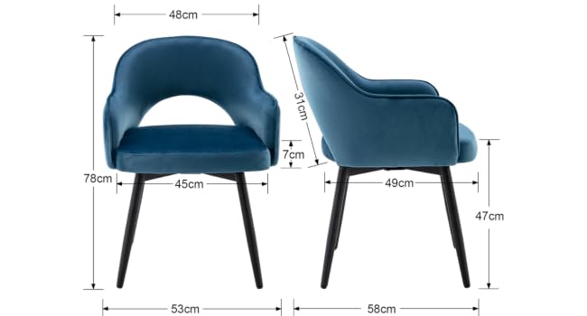 Blue upholstered dining chair with curved backrest and armrests. Features black metal legs. Detailed dimensions shown for width, depth, seat height, and overall height.