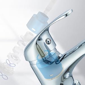 Chrome bathroom faucet with blue-tinted transparent handle and modern minimalist design shown in profile view against white background.