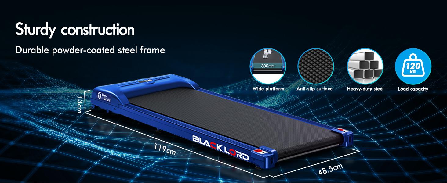 Text reads 'Sturdy construction', 'Durable powder-coated steel frame'. Technical product diagram showing blue illuminated device specifications and features.