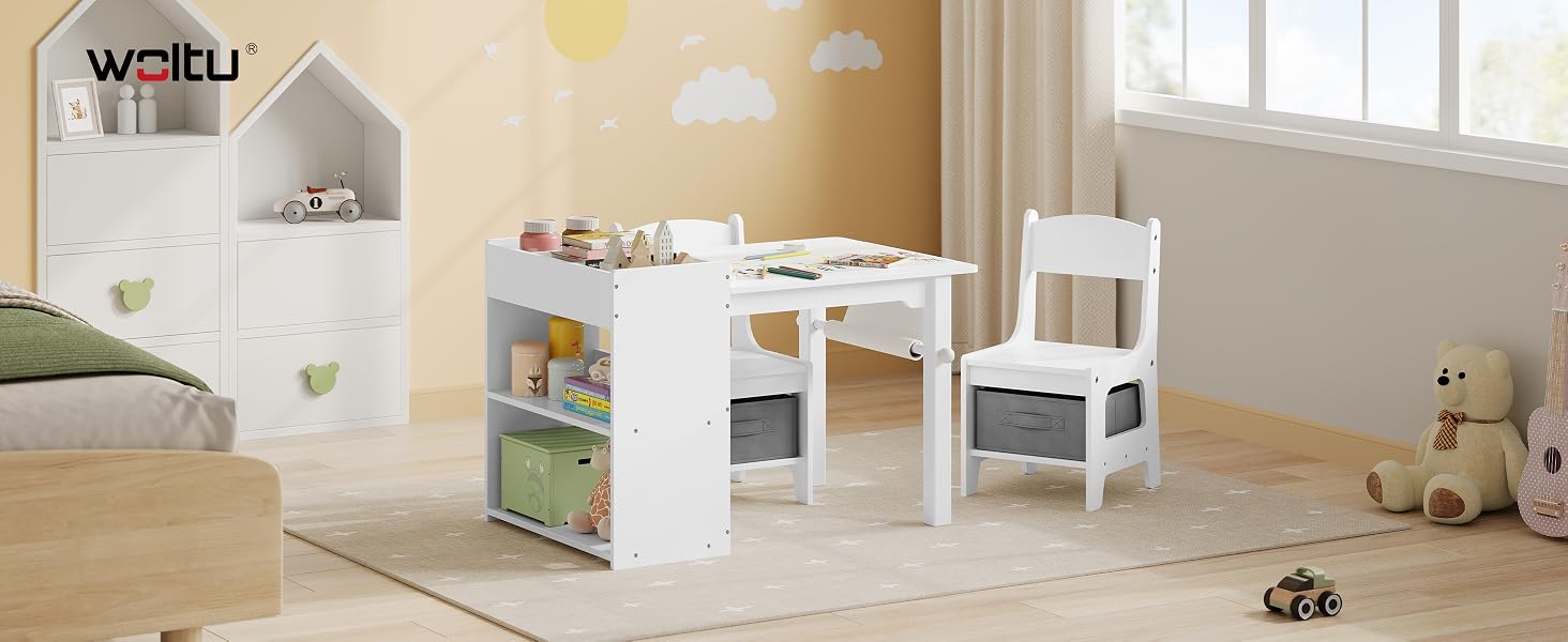 Le texte indique « WOLTU ». Série d'images montrant un ensemble de meubles modernes blancs pour enfants comprenant un bureau et des unités de rangement dans une pièce aux tons beiges.