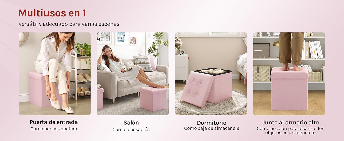 se muestra en cuatro escenarios de uso diferentes, con tapicería rosa y se transforma de asiento a almacenamiento