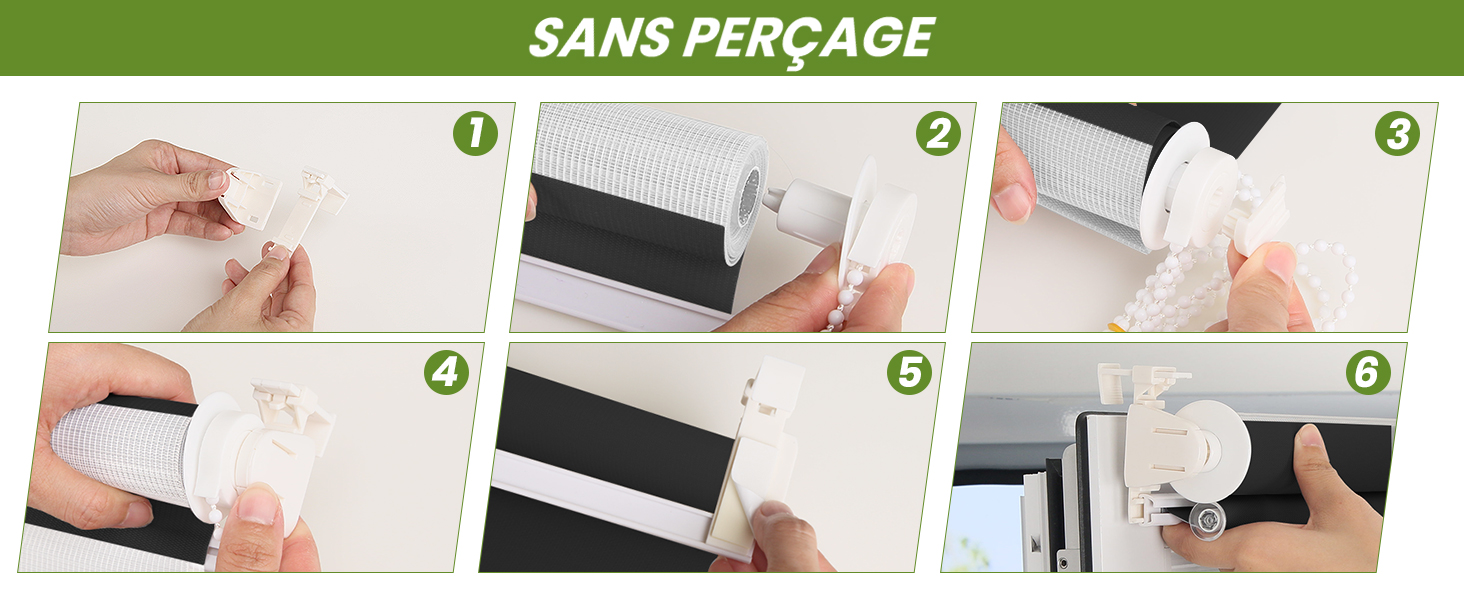 Guide étape par étape pour l'installation d'un produit, probablement un joint de fenêtre ou de porte. Montre des mains manipulant des bandes blanches sur une surface.