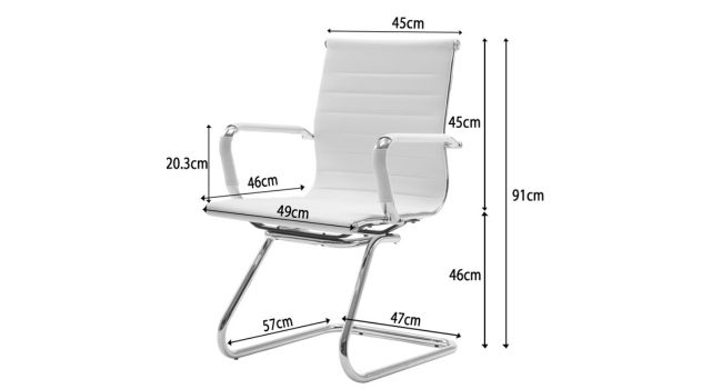 Schéma d'une chaise de bureau moderne avec dimensions. Dispose d'un design côtelé à dossier haut, d'accoudoirs et d'une base en porte-à-faux. Les mesures incluent 91 cm de hauteur totale et 49 cm de largeur d'assise.