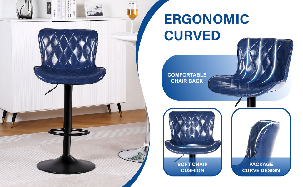 Text: 'Image 4', 'ERGONOMIC CURVED'. Blue bar stool with quilted pattern backrest shown from multiple angles highlighting ergonomic design features.