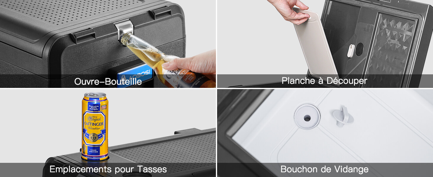 Image à quatre panneaux montrant le bac à papier d'une imprimante, l'emplacement pour cartouche d'encre et les boutons du panneau de commande avec des étiquettes en français