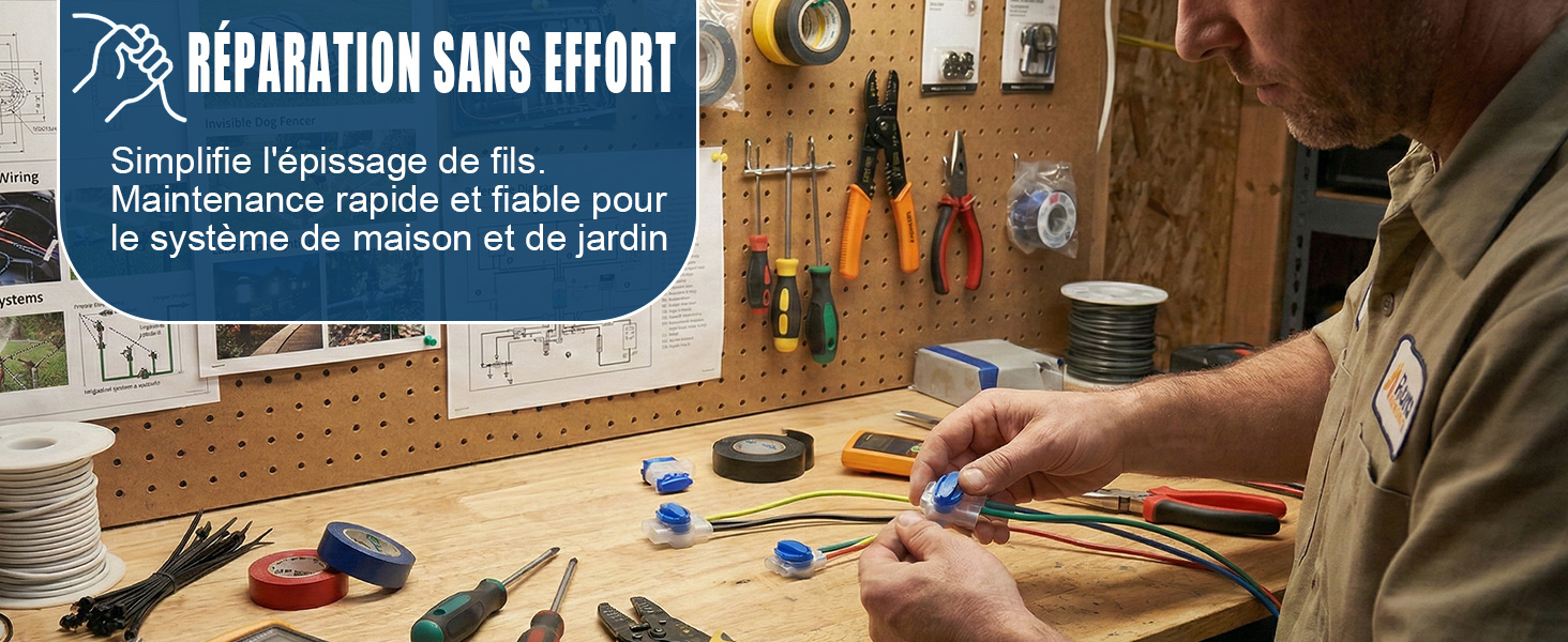 Le texte dit « REPARATION SANS EFFORT ! » Scène d'atelier avec outils de menuiserie et de réparation disposés sur un établi en bois à la lumière naturelle.