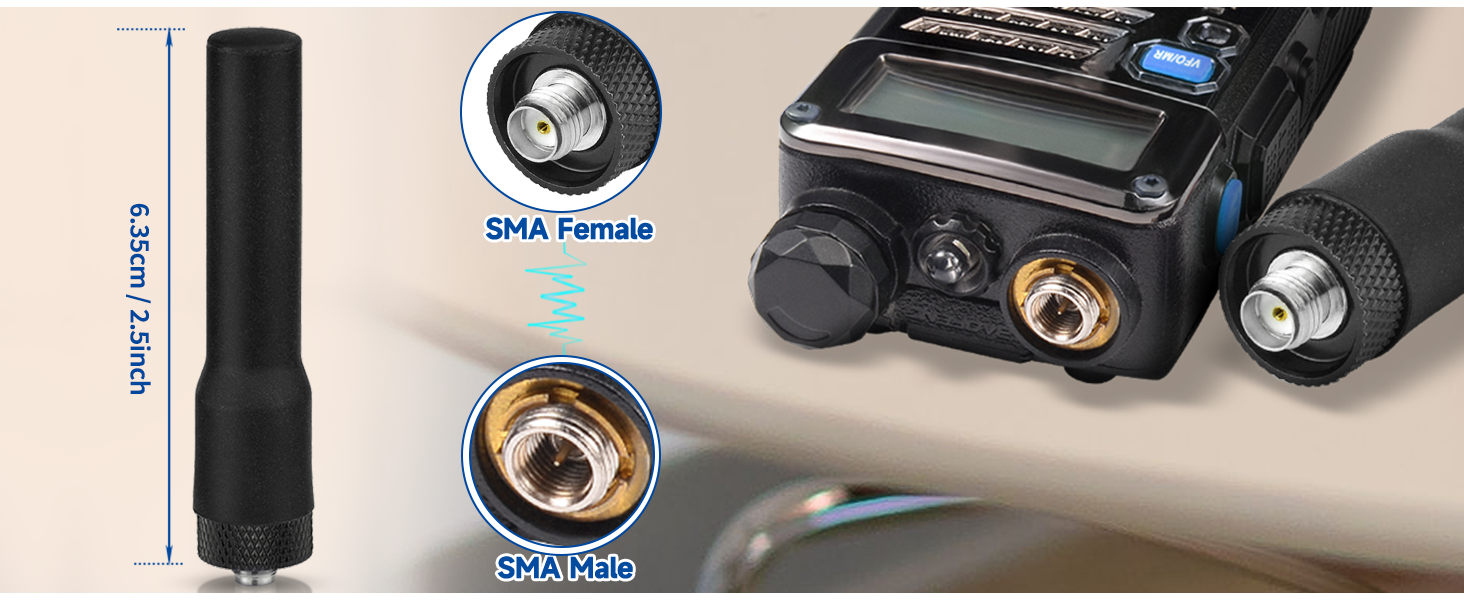 Close-up of radio antenna connectors showing SMA female port and antenna length specifications with detailed connection points.