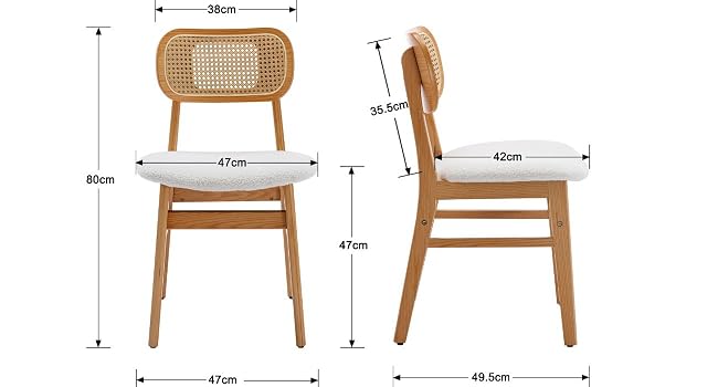 Wooden dining chair with cane backrest shown in front and side views.