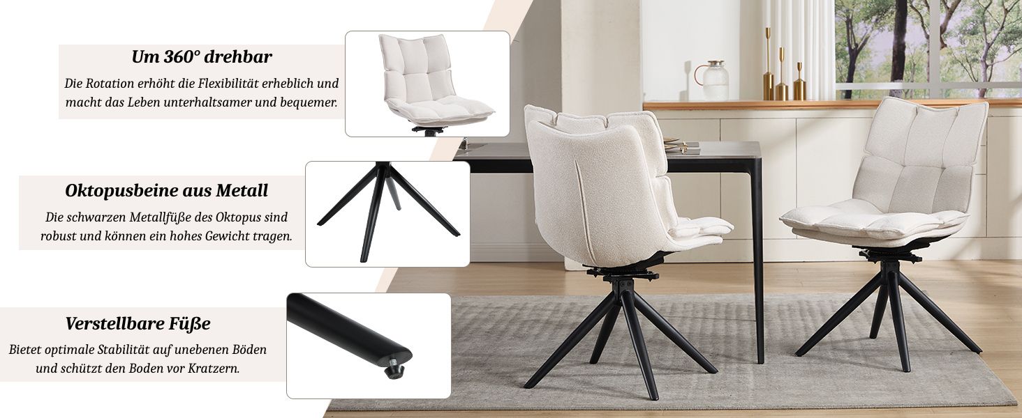 Mehrere Ansichten eines modernen, weiß gepolsterten Esszimmerstuhls mit Metallgestell, der verschiedene Blickwinkel und detaillierte Aufnahmen der Beine und des Sitzbereichs zeigt.