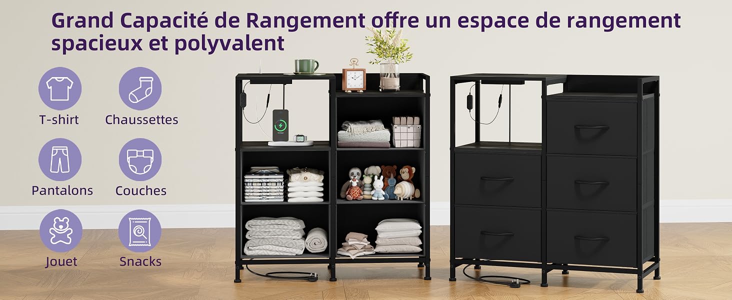 Le texte se lit comme suit : « La Grande Capacité de Rangement offre un espace de rangement spacieux et polyvalent ». Système de meuble de rangement modulaire avec plusieurs compartiments et configurations d'étagères illustrées.