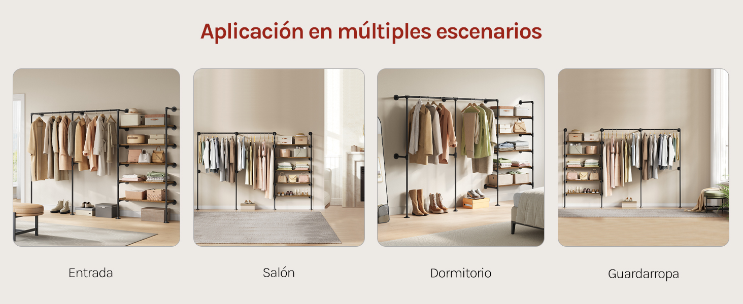 Sistema modular de almacenamiento de ropa montado en la pared que muestra cuatro configuraciones de habitación diferentes con percheros y estanterías para ropa y zapatos.