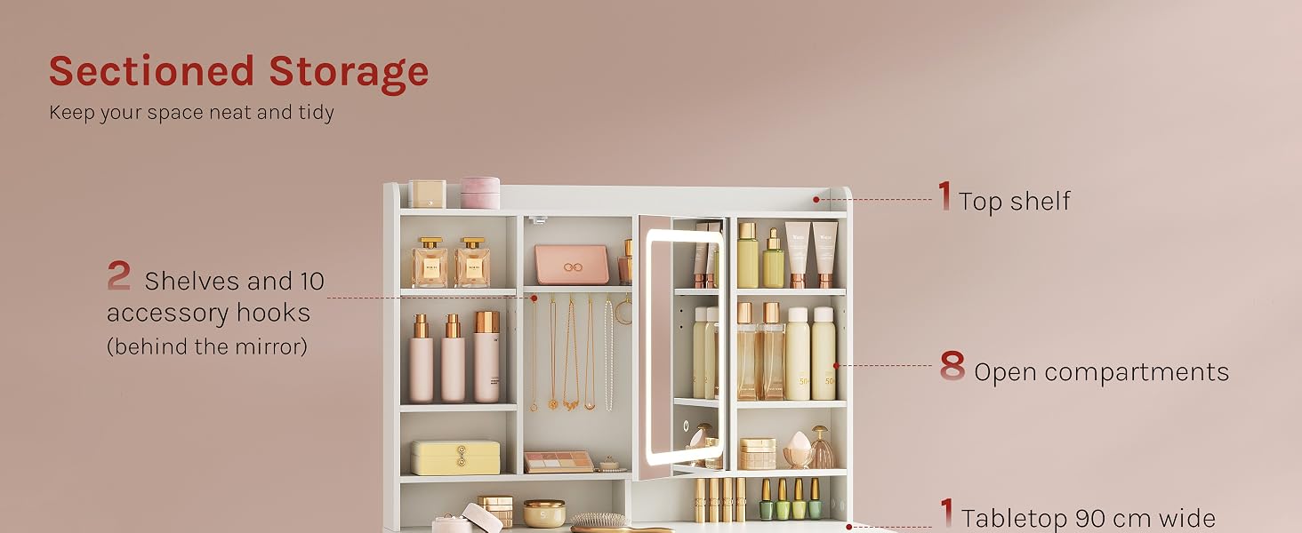Text reads "Sectioned Storage" with measurements and storage specifications. Wooden shelving unit with multiple compartments, shelves, and organized storage sections shown with dimensions.