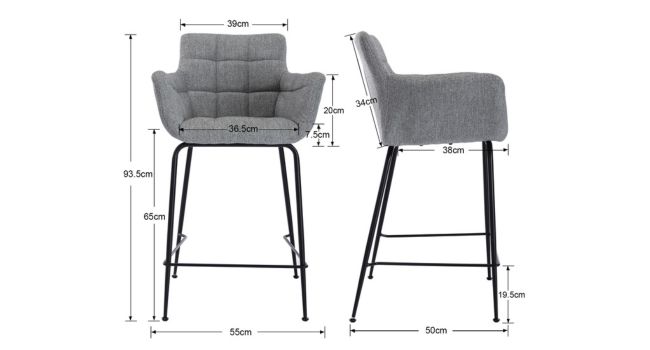 avec accoudoirs et pieds en métal noir. Vues frontales et latérales avec mesures détaillées, y compris une hauteur totale de 93,5 cm et une hauteur d'assise de 65 cm.