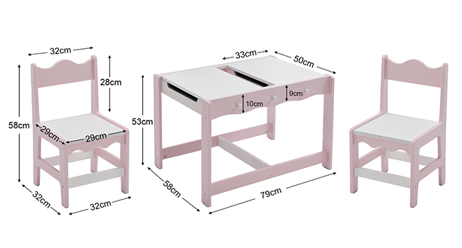 Ensemble de meubles en bois à finition rose présentant des diagrammes de dimensions : chaise pour enfant (32 cm × 28 cm × 56 cm), bureau avec tiroir (79 cm × 55 cm × 53 cm) et chaise assortie avec des annotations de mesure partout.