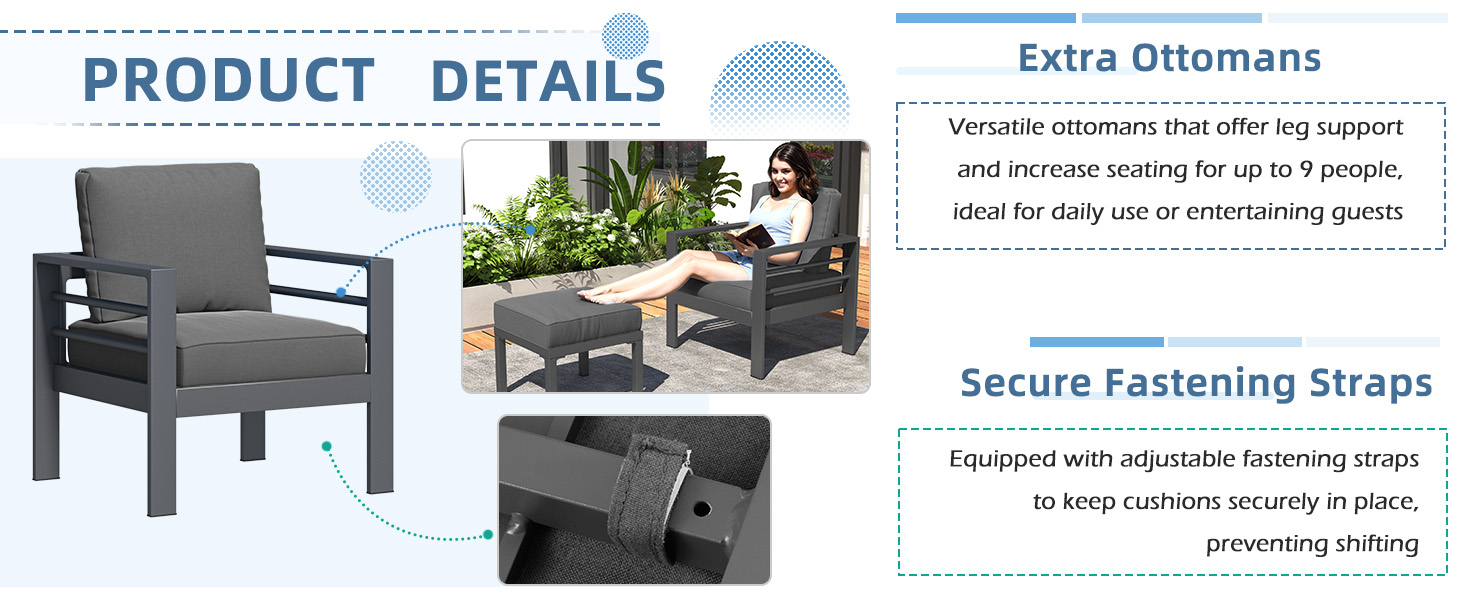 Text reads 'PRODUCT DETAILS', 'Extra Ottomans', 'Secure Fastening Straps'. Product detail images showing gray outdoor furniture pieces including chairs and ottomans with fastening strap features.