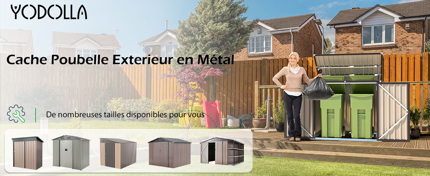 Le texte indique « YODOLLA ». Vitrine de produits de rangement extérieur présentant plusieurs options de cabanons de différentes tailles et styles, avec un décor résidentiel en toile de fond.