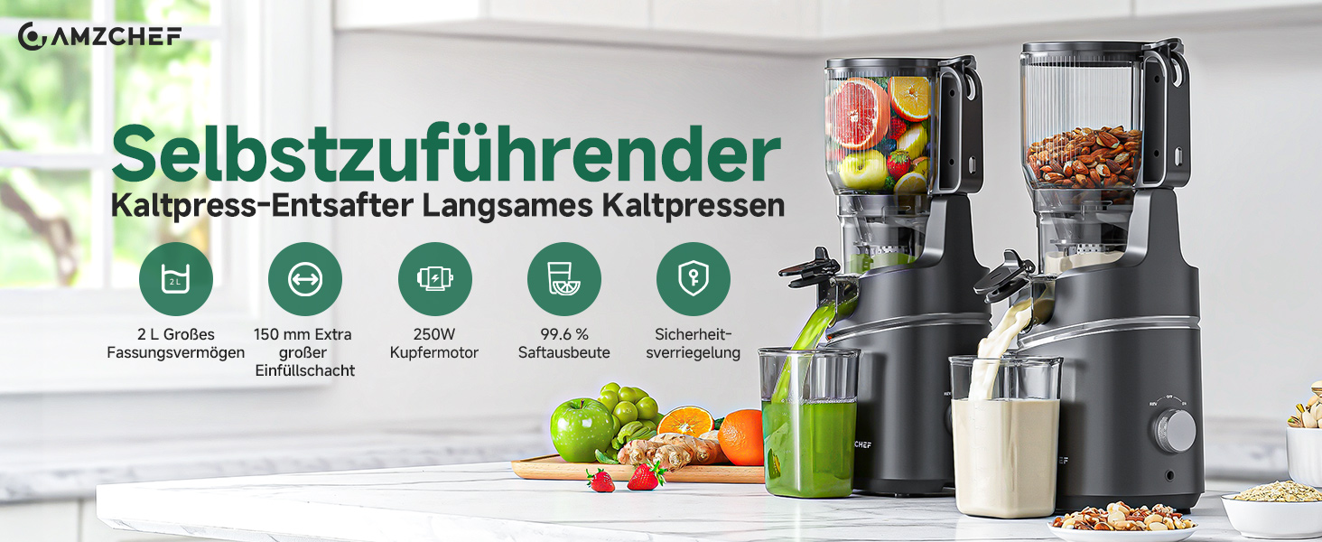 Der Text lautet „AIMCHEF“ und „Selbstzuführender“ und „Kaltpress Entsafter Langsamkeitspresspresse“. Kaltgepresste Saftpresse in Schwarz und Silber mit abgestelltem frischem Gemüse und Saftflaschen.