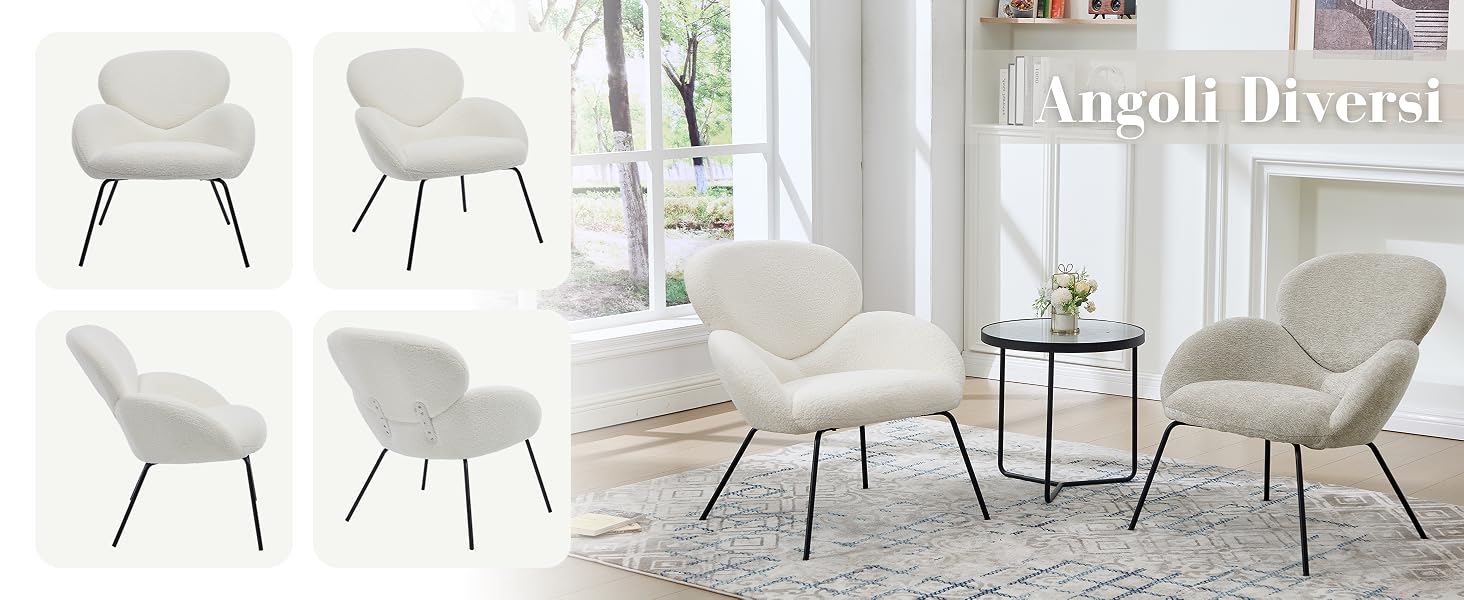 Collezione di sedie moderne d'accento disposte in un ambiente da showroom. Diverse sedie imbottite di colore chiaro con gambe in metallo disposte su uno sfondo bianco.