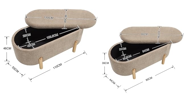 Pouf ou banc de rangement rembourré beige/beige avec couvercle en bois à charnière ouvert et fermé, affichage des dimensions avec lignes de mesure et compartiment de rangement intérieur noir.