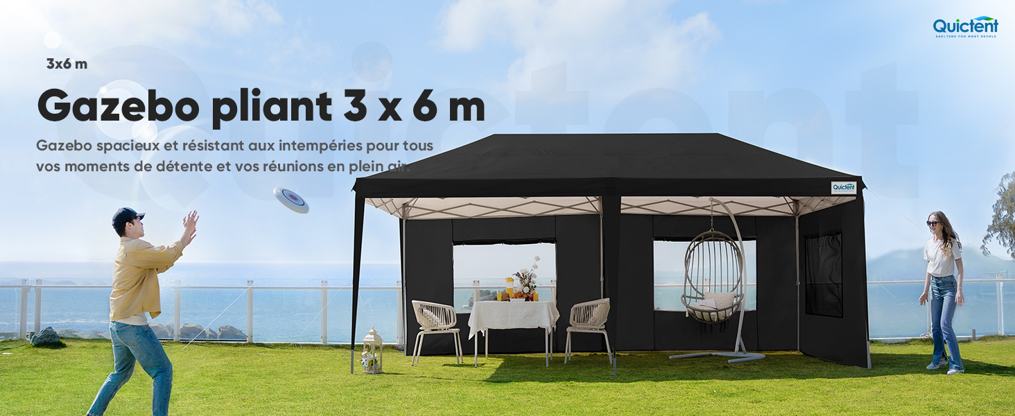 Le texte indique « Gazebo pliant 3 x 6 m ». Série de photos montrant une tente pliante noire en cours d'assemblage dans un environnement extérieur gazonné.