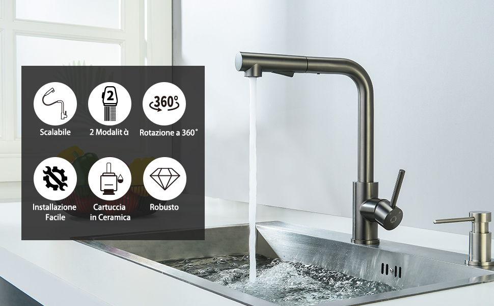 Rubinetto Cucina Con Doccetta Estraibile - Acciaio Inox 304, 2 Modalità, Girevole 360° - Foto 3