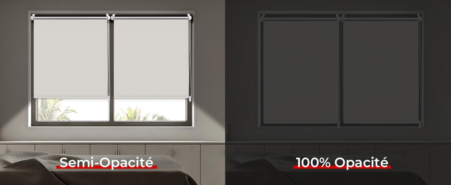 Le texte se lit comme suit : « Semi-Direct » et « 100 % Opaci24 ». Images sombres comparant des effets d'éclairage ou d'opacité, montrant des cadres de fenêtres dans différentes conditions d'éclairage.