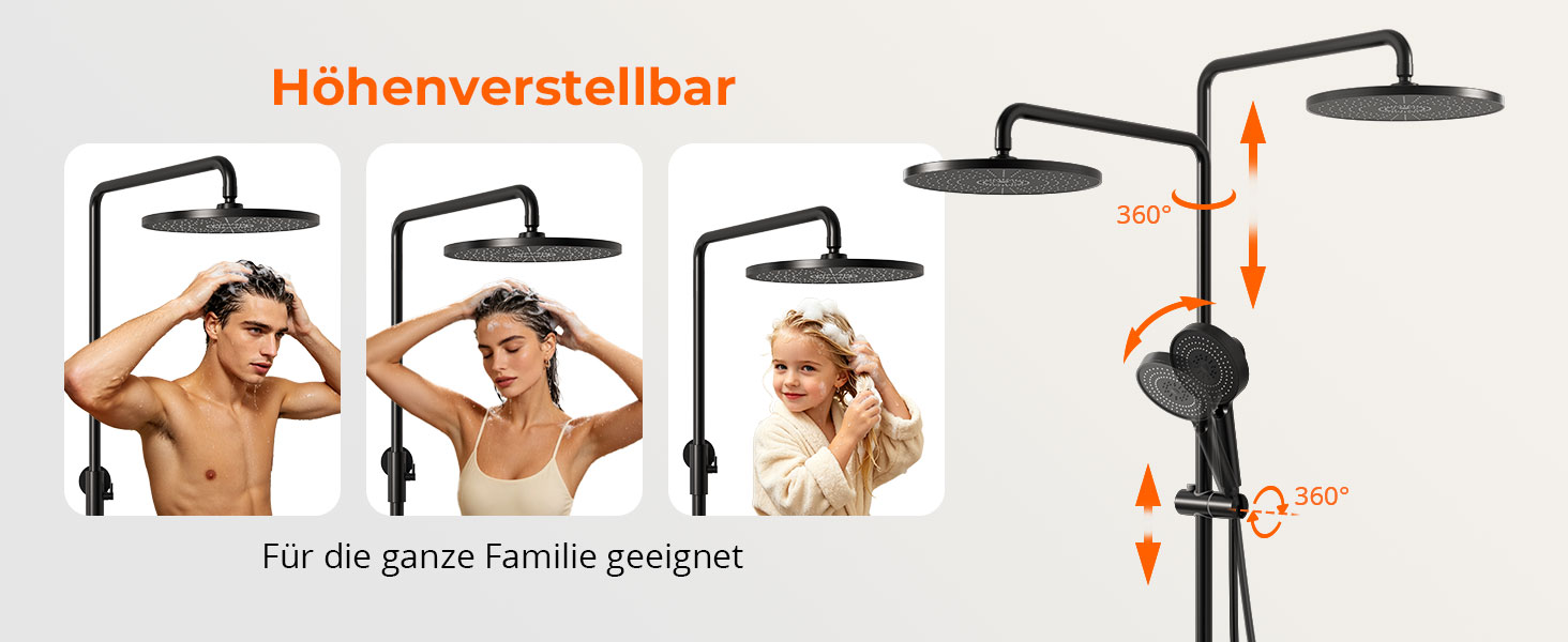 Der Text lautet „Höhenverstellbar“ und „für die ganze Familie geeignet“. Vier Silhouetten, die eine höhenverstellbare Funktion für verschiedene Benutzer demonstrieren, mit orangefarbenen Markierungen auf den Trainingsgeräten.
