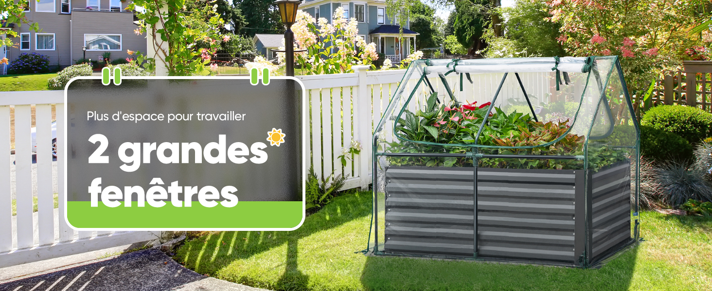 Le texte indique « 2 grandes fenêtres ». Scène de jardin extérieur montrant une unité de rangement ou un conteneur en métal gris avec ce qui semble être deux ouvertures en forme de fenêtre sur son panneau avant.