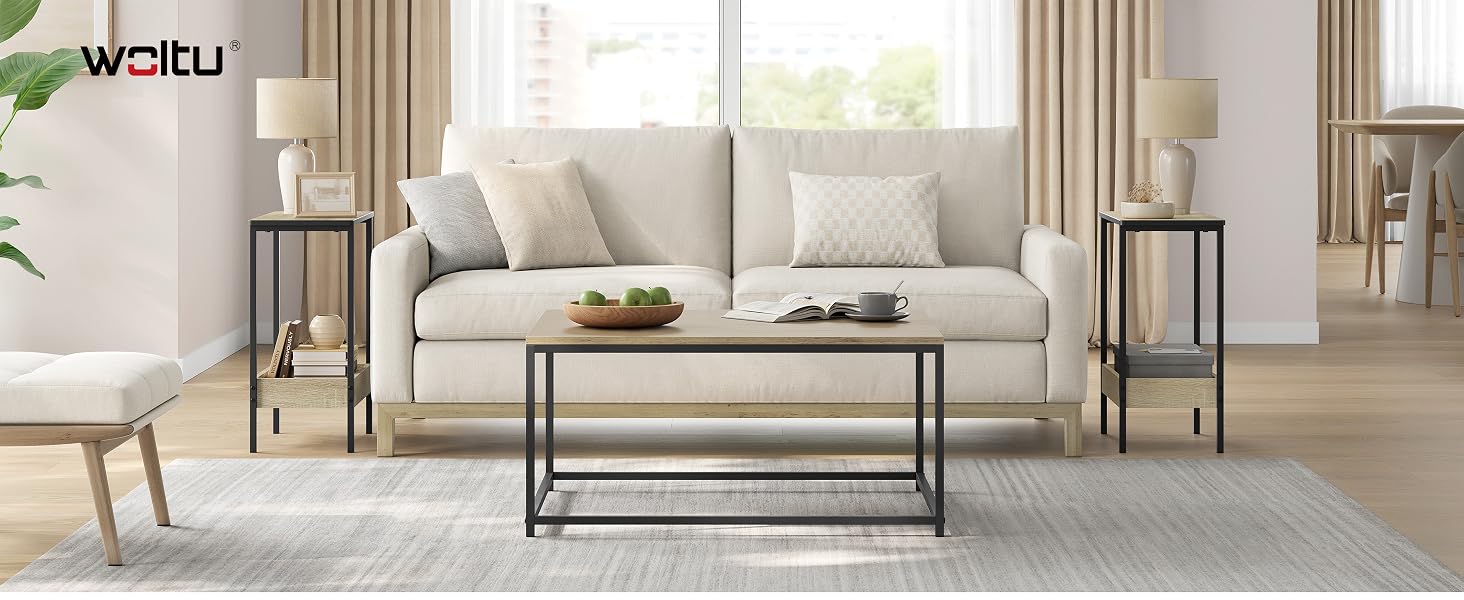 Text reads 'WORU'. Modern living room furniture set featuring white upholstered chairs and sofa with metal frame coffee table on light flooring.