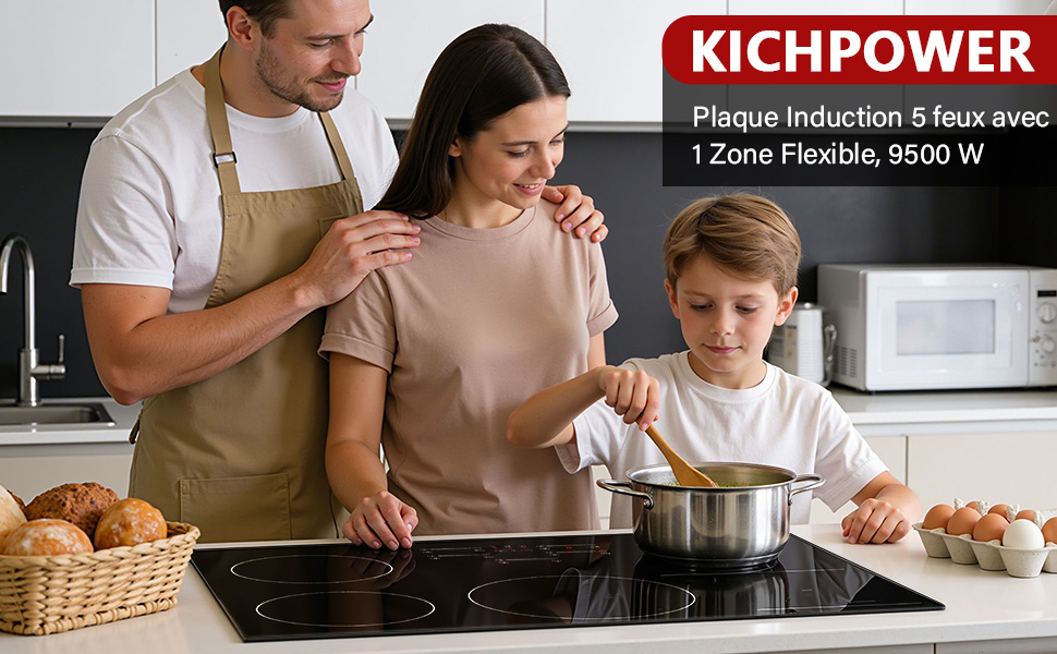 Le texte indique « KICHPOWER ». Scène de cuisine montrant des mains pétrissant de la pâte sur une surface en bois avec des ustensiles de cuisine et des ustensiles visibles en arrière-plan.